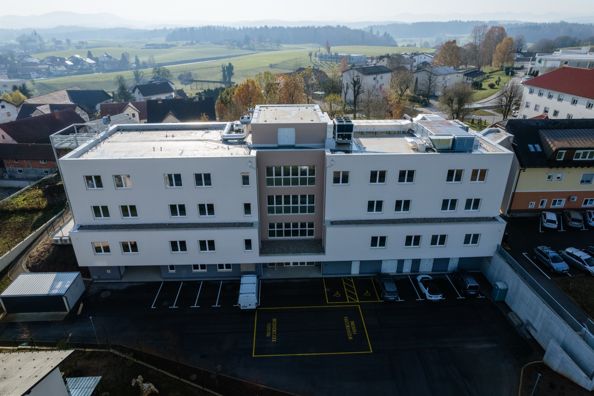 Aerial view of the hospital building and its grounds